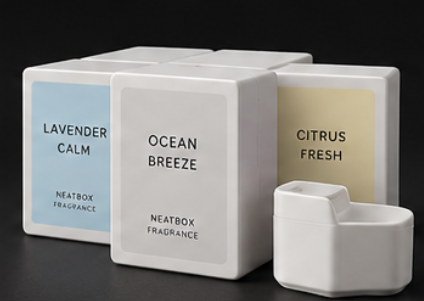 Minimalistische Duftkartuschen in Weiß mit luxuriösem Verpackungsdesign und sanften Pastellfarben für verschiedene Duftsorten.